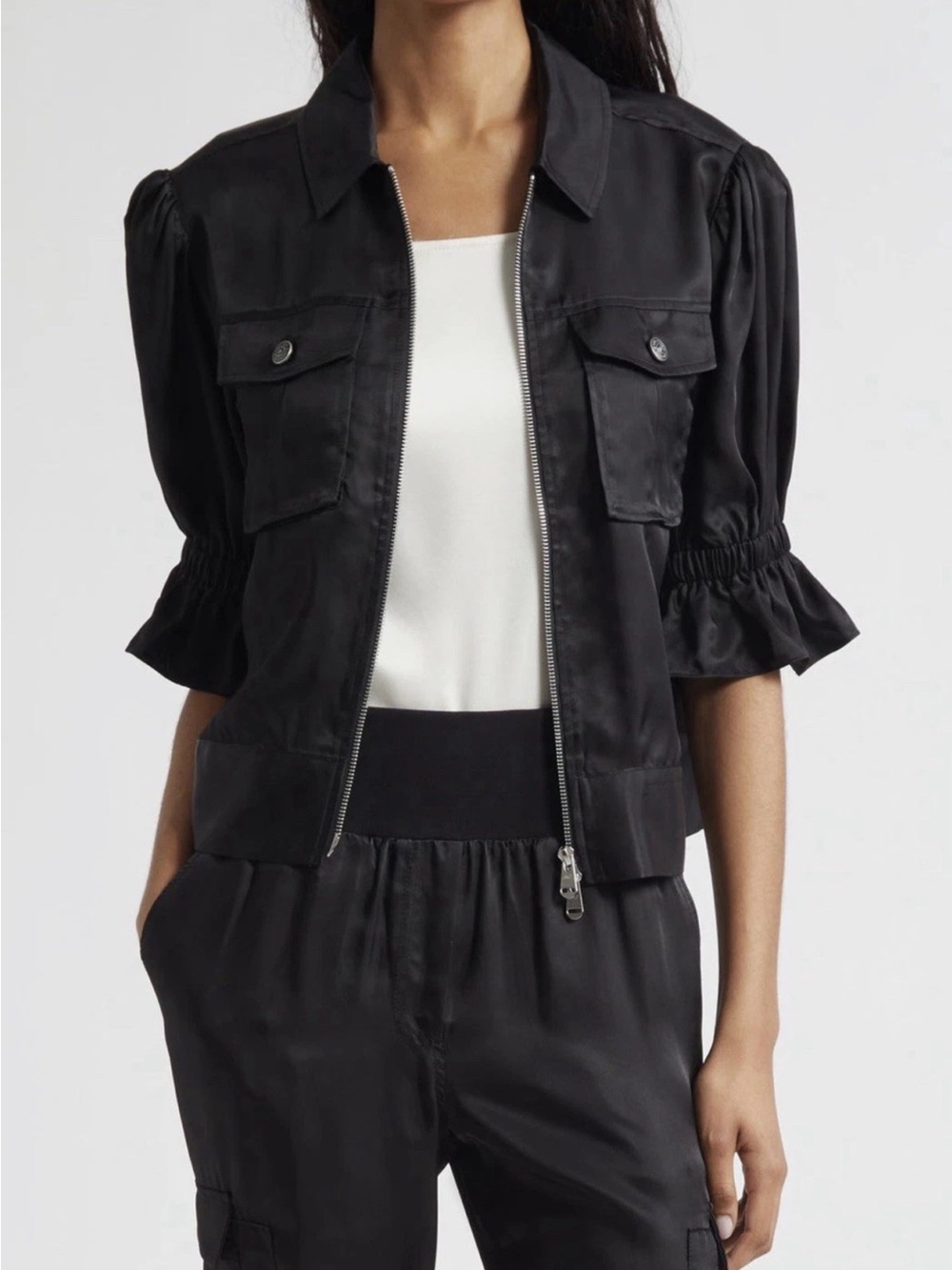cinq a sept Black Short Zip Utility Jacket with Puff Sleeves Size Small